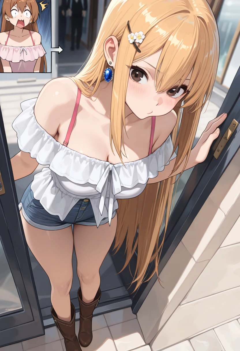 hight resolution, absurdres, best_Quality, Ultra_Detailled, 8K, extremely_clear, photo, beautiful, Beautiful face, Scharp Focus, HDR, 1girl, Clean eyes, very wide-eyed,sitting in front of the sea, Beautiful face, very red areola, standing , very seductive pose, very young, no bra, bare chest, No Top, NSFW, Blond long hair with red ends, pierced ears