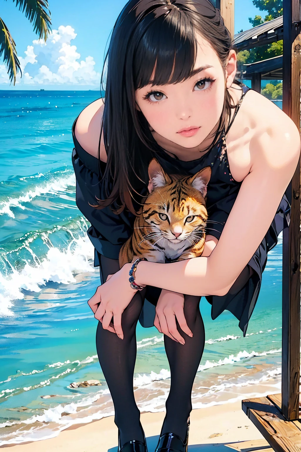 Female swimsuit seaside sitting cat --auto --s2