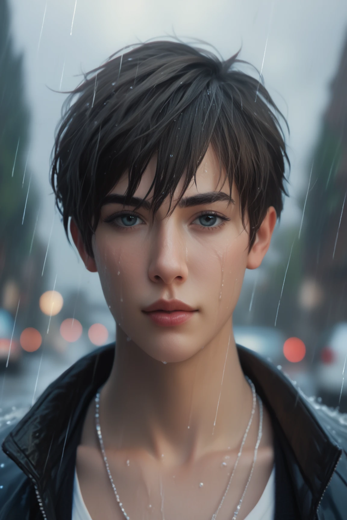 Best Quality, ultra detailed, Photo realistic, tom boy, rainy season, hydrangea, 