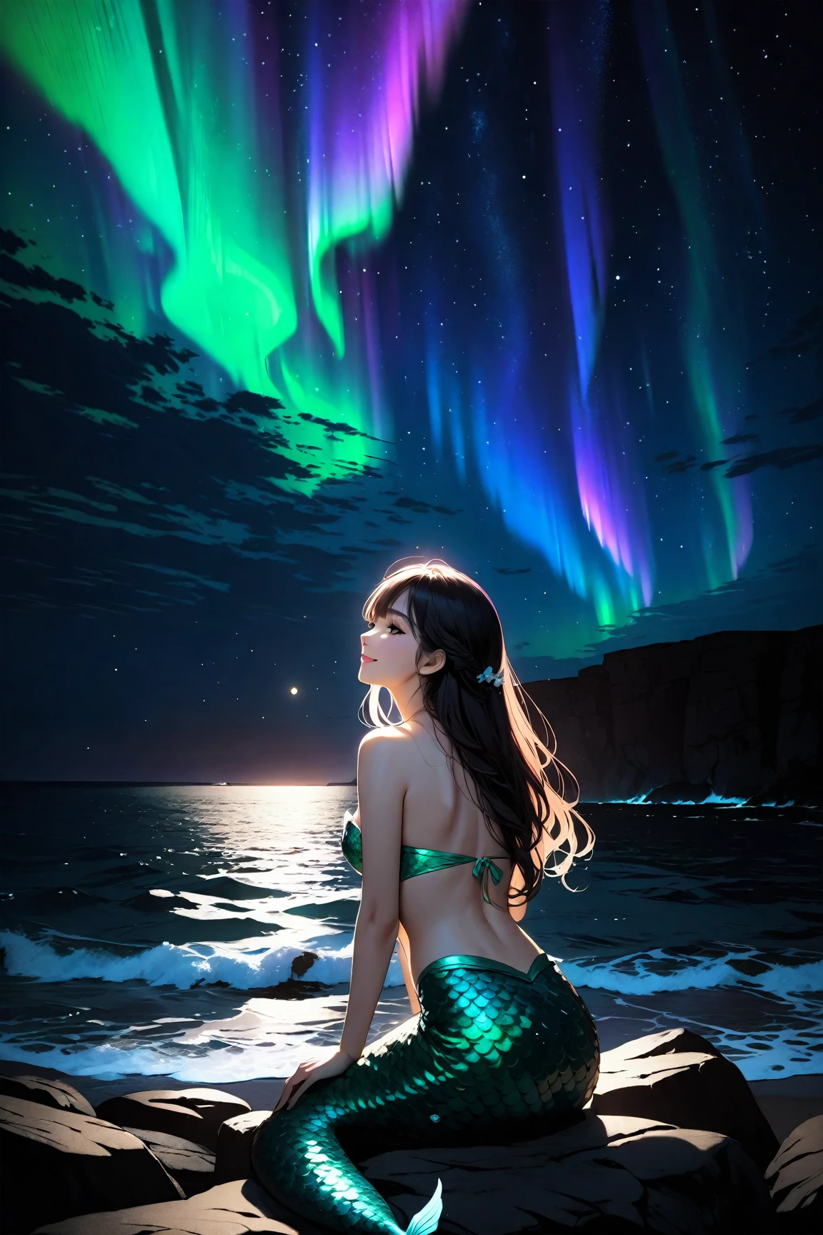 night sky full of stars、beautiful ocean、Peace of mind、Cute Mermaid, (8k, RAW photo, best quality, masterpiece:1.2), High detail RAW color photo, professional photograph, (realistic, photo realistic:1.37), cinematic light, 1girl, low angle