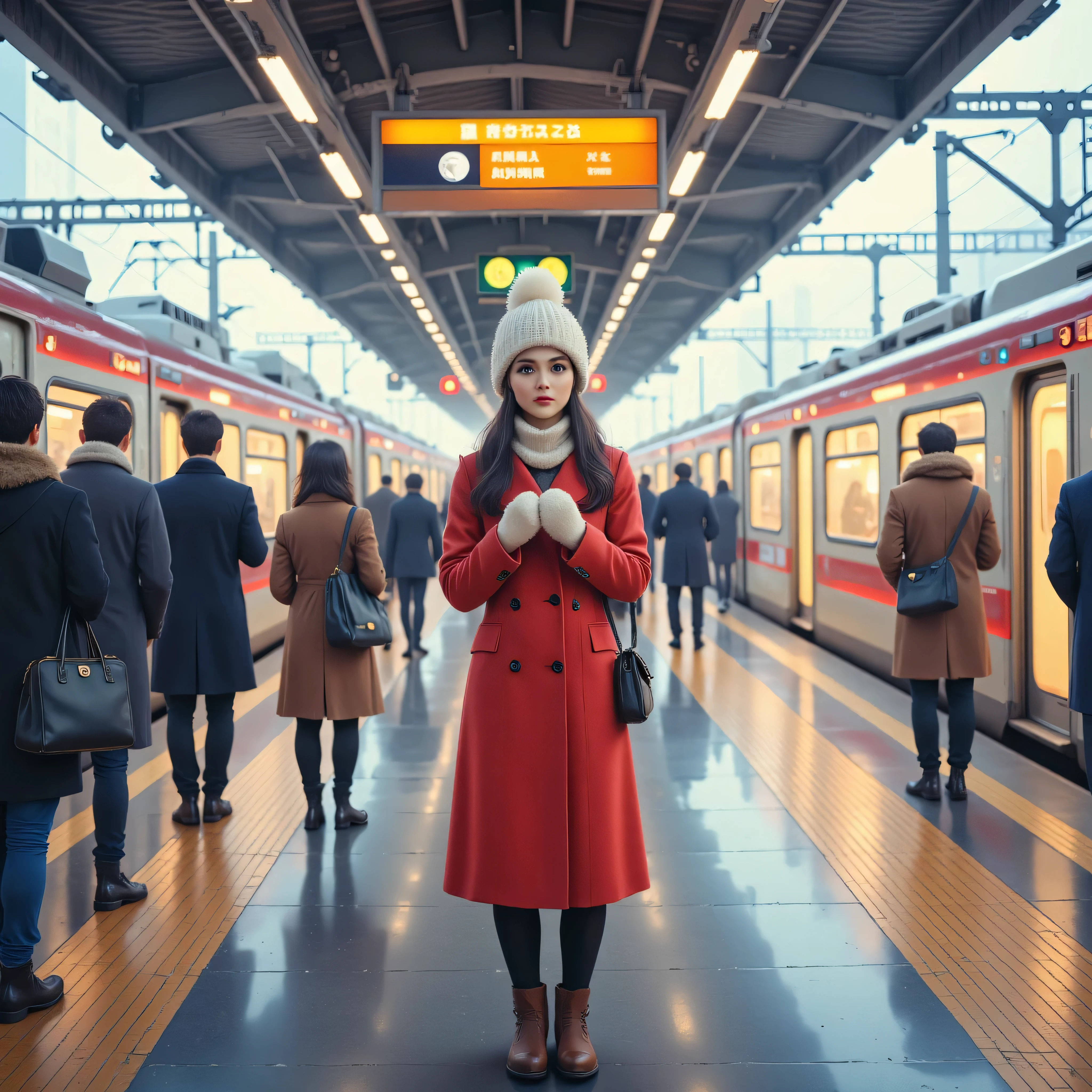 Arrival platform of a Shinkansen station, a woman waiting for her boyfriend to return home, red peacoat, mittens, white Russian hat, scarf, brown short boots, expression of expectation and anxiety