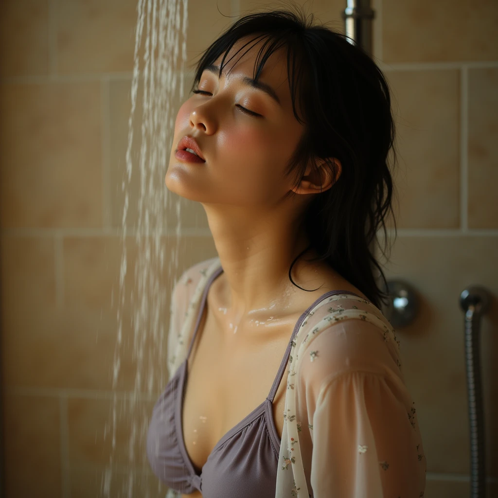 table top, highest quality, figure, Super detailed, finely, High resolution, 8k wallpaper, Perfect dynamic composition, a young asian idols woman, detailed and beautiful eyes, Natural lip color, small breasts, shortcut、 (Wearing a highschool uniform)、clear white skin、super realistic photos、beautiful face、 (wet by venom on body)、bathroom、See-through、on the bath up、Angle from above、((close your eyes:1.4))、((chubby:1.3))、((wear a police mech:1.1))