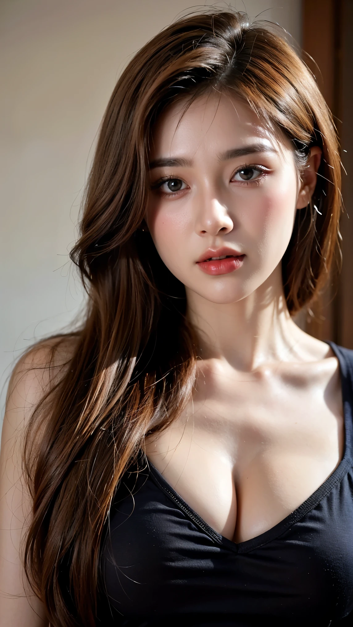 (best quality, 8k, 32k, masterpiece, UHD ,photorealistic:1.3),(Advertising photo for cosmetics), fashion model, looking at viewer, forehead, thick eyebrows, lustrous lips, dark brown hair, simple background, subtle smile,(realistic ray light),