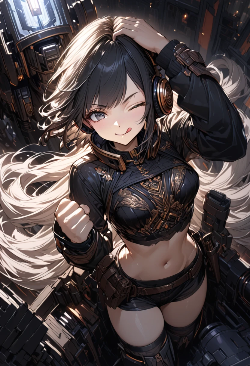8K, Full body portrait, single young woman, especially detailed face, masterpiece, wallpaper, highlydetailed face, ultra-detailed face, beautiful and aesthetic wolf tailed girl, athletic body, big breasts, curvy, long hair, gray-silver hair, a young wolf woman, wolf ears, fluffy wolf tail, long wolf tail, silver fur tail, wolf-like irises, beautiful, enchanting, bright yellow eyes, detailed eyes, ultra-detailed eyes, accurate eyes, detailed irises, correct body proportions, elegant, small vertical scar under right eye, small rosy lips, big breasts, slender elegant arms, pretty hands, detailed hands, charming, slight blush, smug smile, black edgpshorts with stylish metal chains and a black top, detached sleeves, light black armor, armored long bike shorts and skirt on top of them, two piece outfit, black armored fur jacket, black metal armor, bare off shoulders, toned abs, exposed belly, standing pose, cute pose, black thighigh on left leg, sole girl
