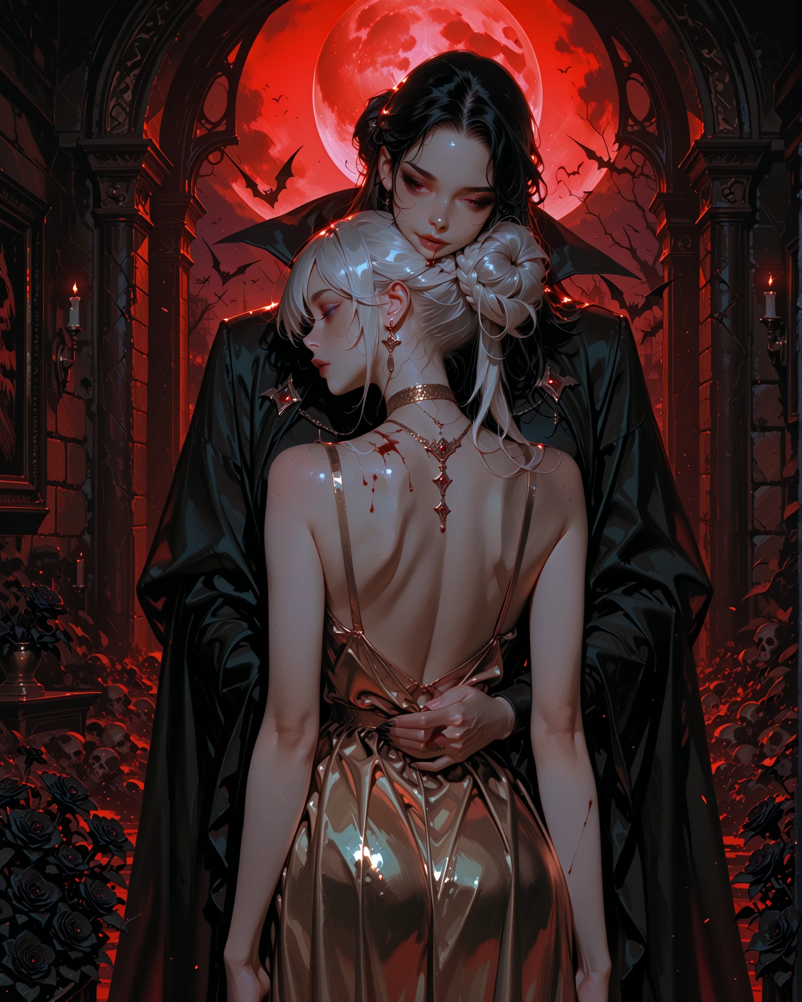 girl from behind, Puedes ver un Detail de la espalda plana y desnuda, herida y blood en la espalda,Vampire bite on the neck, blood, has a necklace, nice view, giving her back , Look to the side, Hair falls out, Elegant dress , dressed in gold, dead flowers , bats, calaveras . Detail. nostalgic look . Full moon in the background.