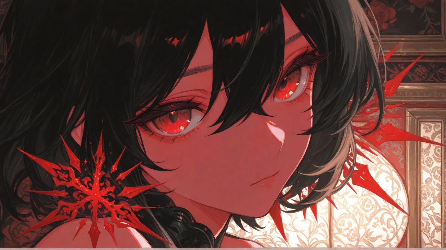 barechested，Asymmetrical hair，Black hair，Red eyes，Open legs in an M shape，Anime