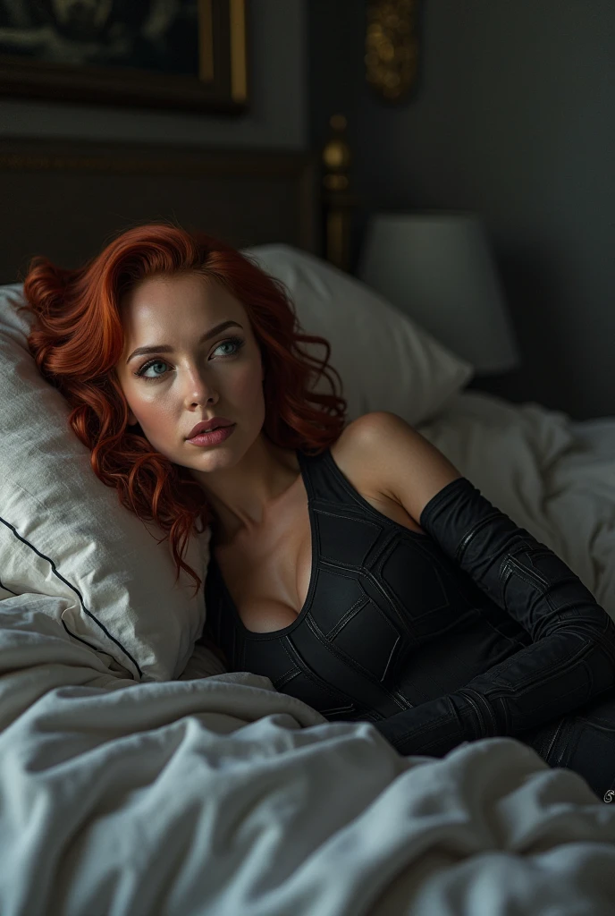 Realistic perfect face Scarlett Johansson lying in bed in black widow suit with big ass and big boobs