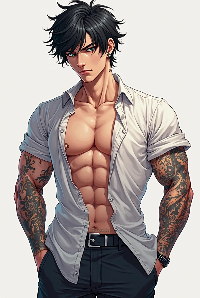 ((best quality)), ((masterpiece)), (detailed), 90s anime style, handsome man, Japanese, sexy clothes, muscular, anime boy, tatto