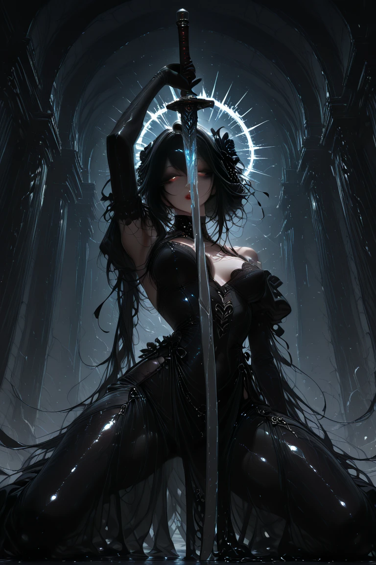 senjumaru shutara, long hair, bangs, blunt bangs, black hair, sidelocks, (black eyes:1.5), makeup, lipstick, red lipstick, 1girl, holding, sword, solo, blue_eyes, holding_weapon, short_hair, holding_sword, outfit-origami, halo, veil, navel, elbow gloves, detached sleeves, frills, bow, navel, standing, dual_wielding, closed_mouth, glowing, bangs, gloves, earrings, looking_at_viewer, glowing_weapon, "glow effects, godrays, Hand drawn, render, 8k, octane render, cinema 4d, blender, dark, atmospheric 4k ultra detailed, cinematic, Sharp focus, big depth of field, Masterpiece, colors, 3d octane render, 4k, concept art, trending on artstation, hyperrealistic, Vivid colors, extremely detailed CG unity 8k wallpaper, trending on CGSociety, Intricate, High Detail, dramatic", anime coloring, anime screencap, sweating, steaming body, fog
