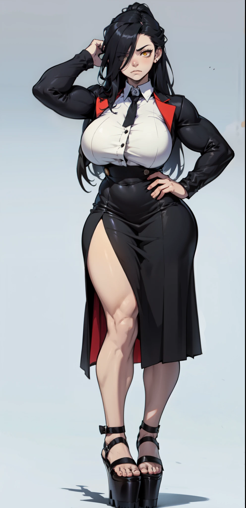 (masterpiece), best quality, expressive eyes, perfect face, vampire girl, huge girl, female muscular:1.2, big breast:1, (curvy:1.5) , (straight hair:1.8), ((blank background)), (full body framing), (thick thighs:1.4), (long legs:1.4), amazon body, toeless boots, ((pale skin)) , red eyes, black hair, (long fangs) , long yellow dress, long sleeves, loose sleeves, covered nipples