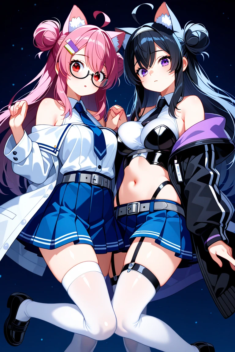 2 girls , Yukinoshita Yukino , yuigahama yui'great bust and hips, waltz dance ,uniform,black blazer,white shirt,ribbon,white lace panties,Light pink lace panties,(pussy line:1.0),thighs,(high angle:1.0),look at the camera,(I'I'I'm embarrassed and blushing),smile,downtown at night