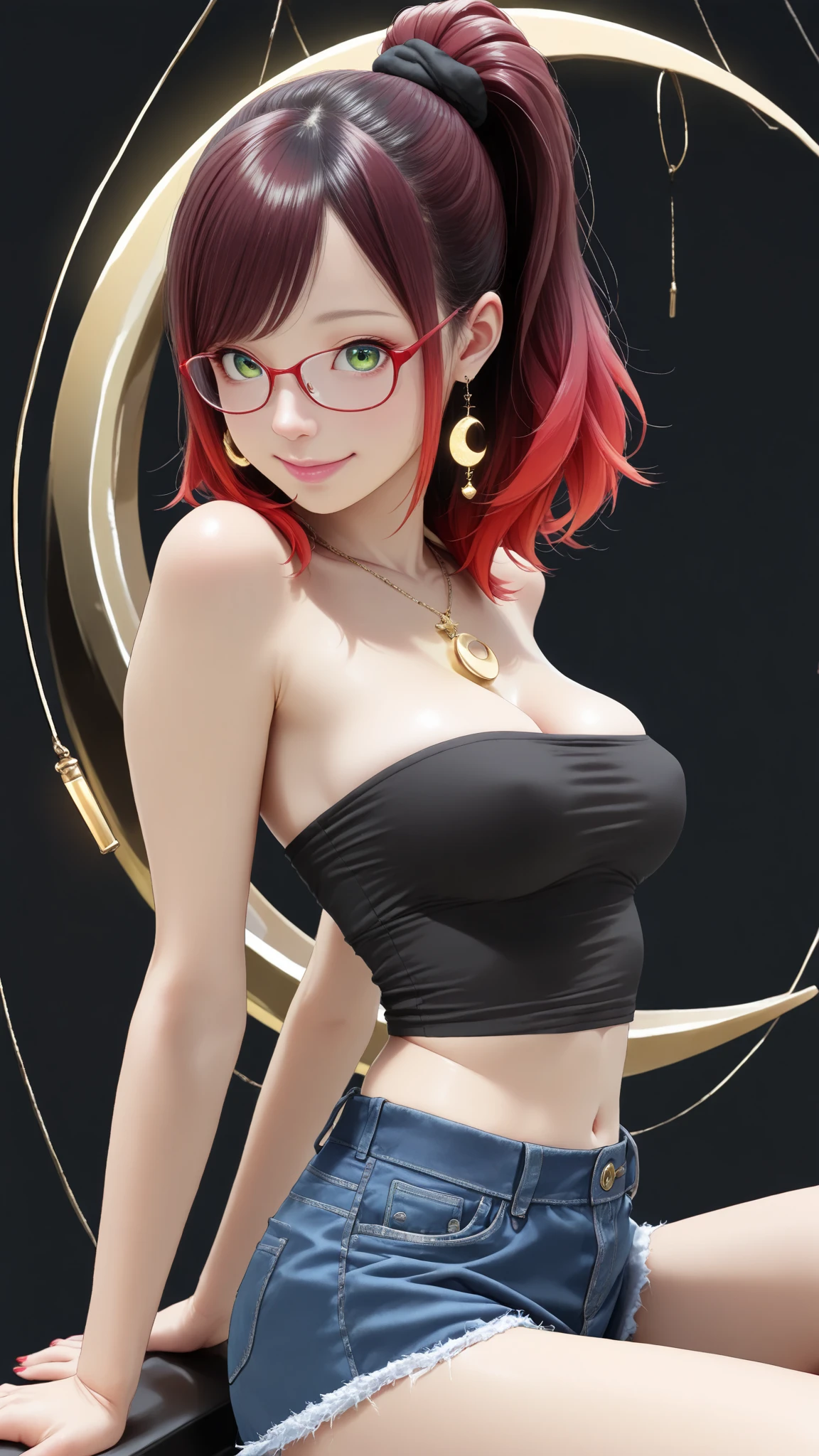 Cute girl, short curly pink hair, blue eyes, round glasses, big lips, white beaded necklace, white tank top, big breasts, exposed stomach, tattoos, short shorts, earring