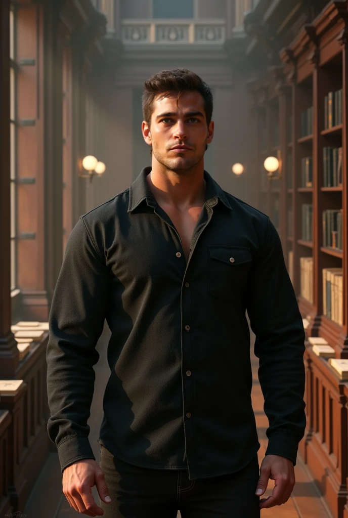 Create a character with an average height, tenha olhos vermelhos, cabelo preto longo, uma roupa branca, a gray skin , a red horn on the head, a book in his right hand and a short sword in his left hand.