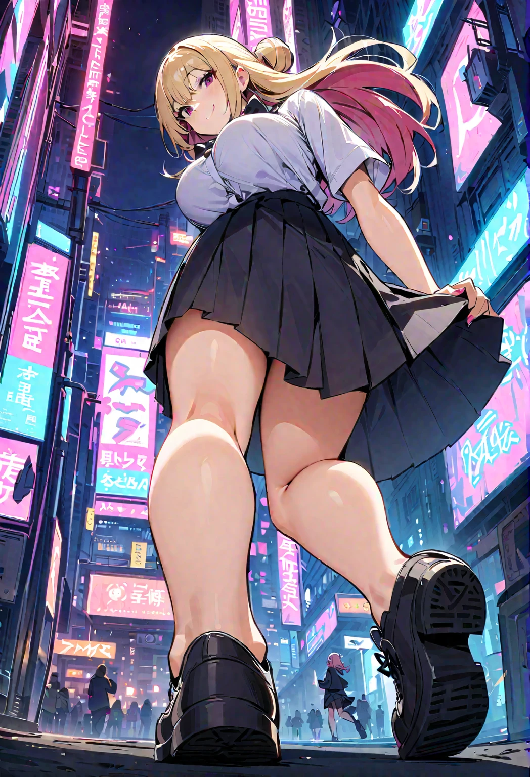 extreme wide angle, Ground view,sole of a shoe,Sole pattern, standing on one leg, (from bottom,from below:1.25),full body,stepping, Cyberpunk City, Street, Night, neon light, neon sign, masterpiece, best quality, highres, JK,huge tit,1girl,black bow,black bowtie,blonde hair,bow,bowtie,breasts,hair bun,long hair,looking at viewer,pink hair,pleated skirt,shirt tucked in,short hair,skirt,smile,tented shirt