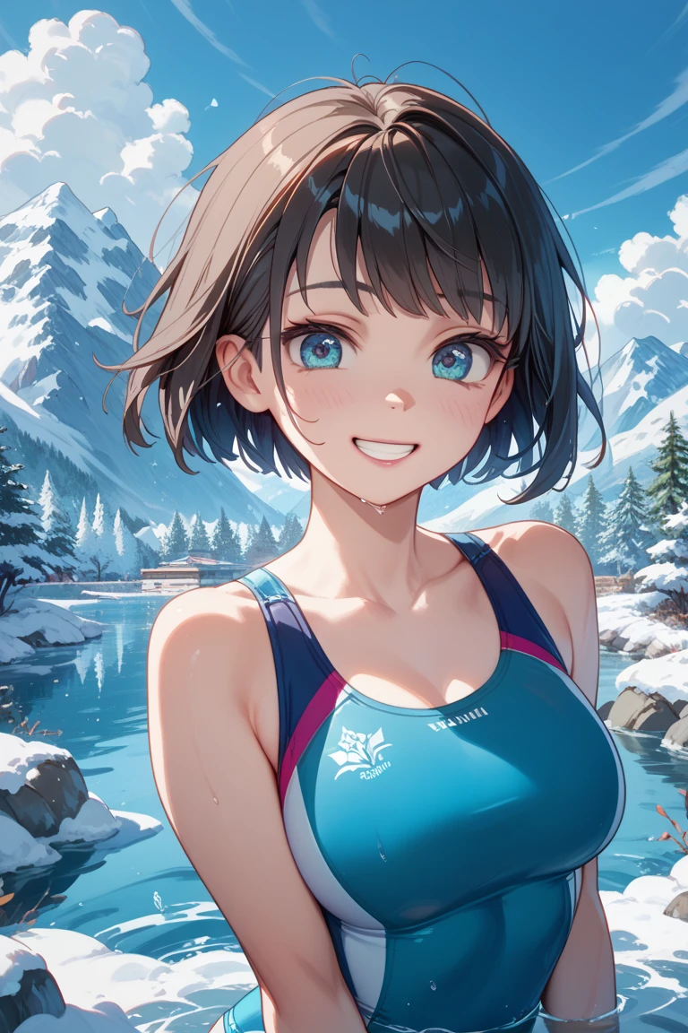 <lora:gymuni3:0.6>, (pink gym uniform), outdoors, mountain, smile, lips, sitting, bob cut, black hair, blue eyes, medium breasts, hairband