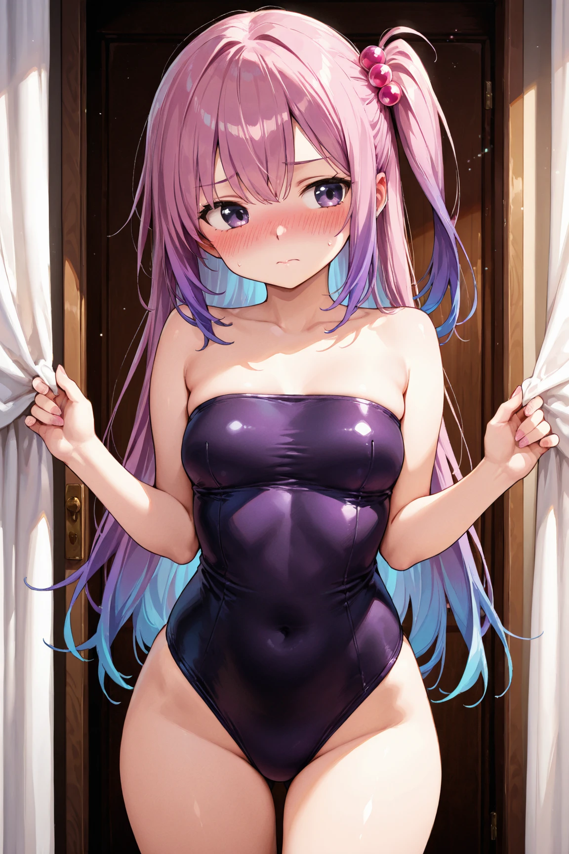 masterpiece、top-quality、女の子1人、Virtual Youtuber、Minato Aqua、multi color hair、Twin-tailed、Color Inner Hair、Two-tone hair、Drill Hair、twin drills、Ahoge、Ankle Cuffs、striated hair、white bow、Cowboy Shots,blush,arms folded,cleavage,bent over、medium breasts,Micro Bikini,Pool