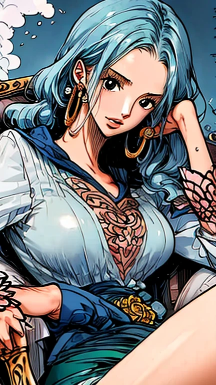 Crie uma imagem full body em estilo anime de Nefertari Vivi do anime One Piece. Ela possui cabelos longos e azuis com franja estilo Hime, olhos azuis, e um sorriso encantador. She is wearing a white leather jacket over a white loose-fitting shirt and sweatpants.. (corpo bonito:1.3) Vivi has bright red lips and a perfect anime face, com detalhes realistas e ultra detalhados. O fundo deve ser uma cidade, destacando-a como a melhor garota de anime (rosto bonito:1.3)