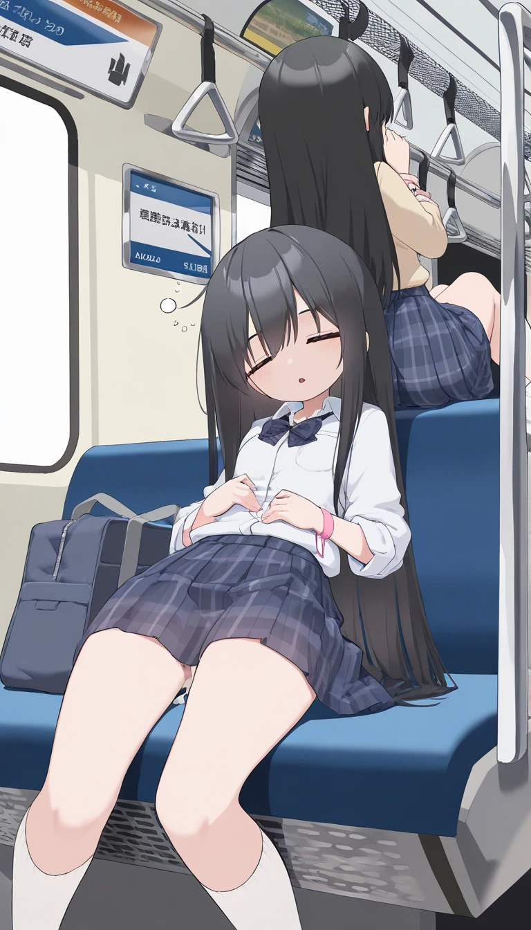 Breathtaking depiction, supreme quality, (15-year-old Japanese girl:1.1), super short sailor suit:1.5, 1girl .(long black hair:1.2), high ponytail, hugging own legs:1.4, (train interior:0.8), NSFW, (scared expression:0.9), The Victim of an Unwanted Advance, The man who groped the girl, sexual harassment, breast grab, panty peek, dislike, train ride of terror, 8k, masterpiece, best quality, textured skin, high quality, super detail, close-up on her terrified eyes,
