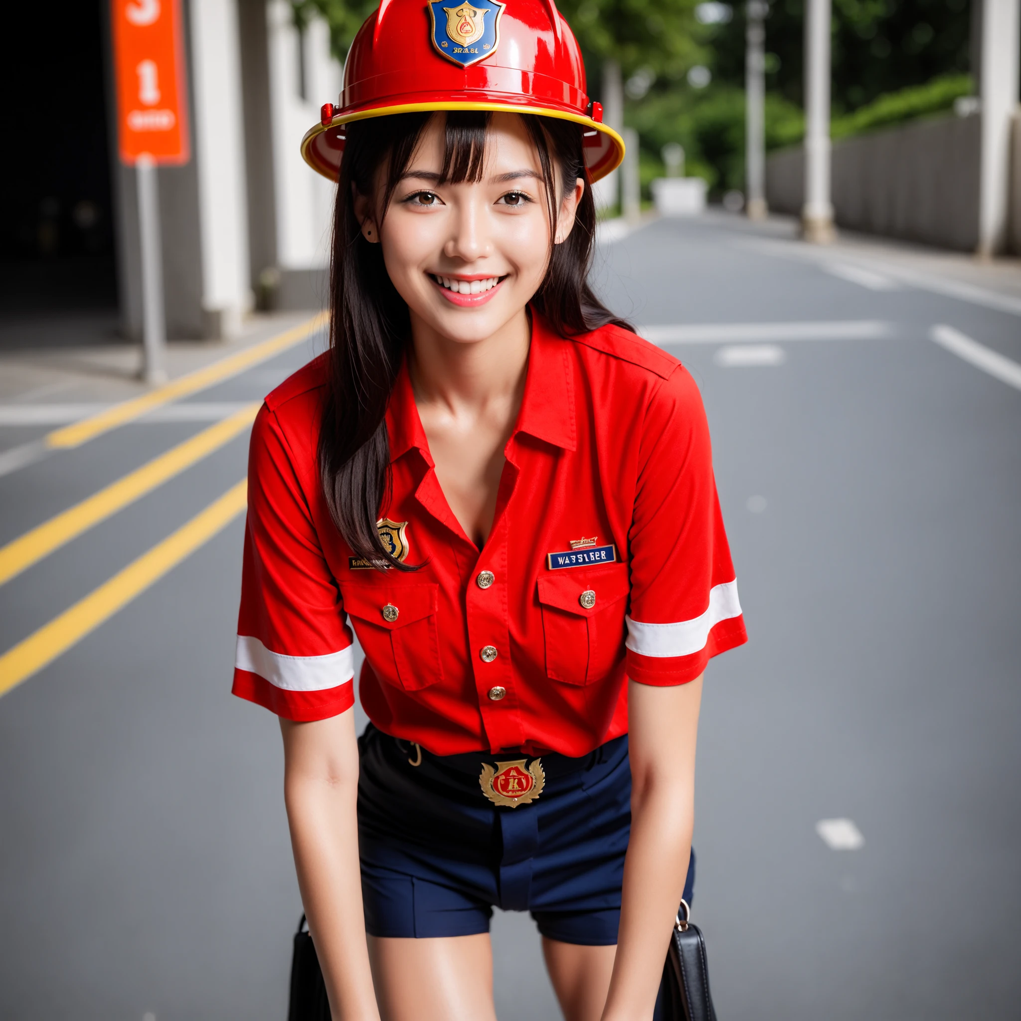 {{{masterpiece}}}, {{{best quality}}}, {{ultra-detailed}}, {illustration}, {{an extremely delicate and beautiful}},(Downblouse:2.0)(Best quality, 8k, 32k, Masterpiece, UHD:1.2),Photo of Pretty Japanese woman, top quality, , best quality, realistic, unity, 8k wallpaper, official art, extremely detailed  wallpaper,1girl,((boyish)),13yo, beautiful teeth,solo,,absurdly long hair, multi hair color,misaligned glasses,earrings,Jacket,(blunt bangs:1.2),looking at viewer, (smile:1.5),(high detailed skin),realistic body,((stoop)),( small breasts),(nipples:1.1), cute girl, famous japanese idol,downblouse,(Firefighter uniform:1.5),(loose t-shirt:1.3),(very low view:1.3),leaning forward,,