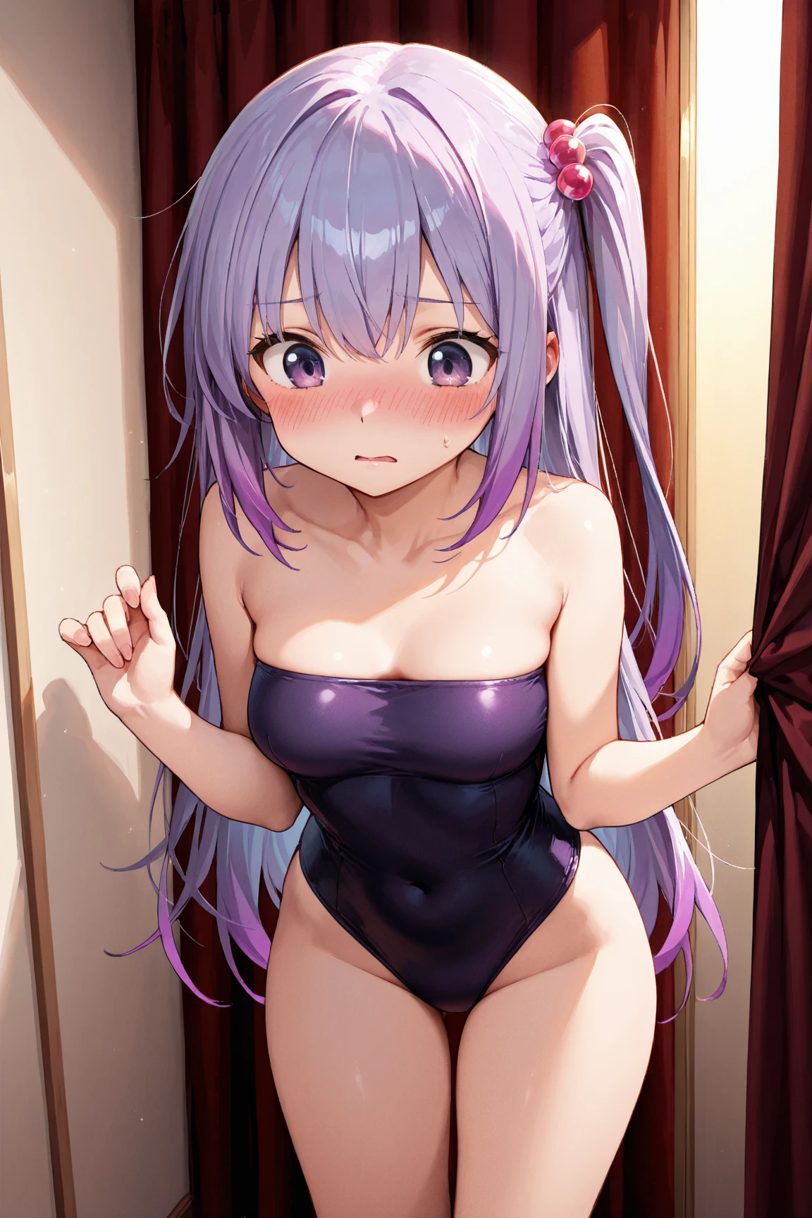 (masterpiece:2), (extremely fine and beautiful:1.3), (16 K:2), (completely nude:1.6), (small breasts, firm breasts, Nominal body type), (pussy crack, nipples:1.6), (cute little), (embarrassed, blush, in heat, sexy mood:1.8), (troubled face), Correct anatomy, Good anatomy, (The ultra -The high-definition:1.3), (Ultra HD), ((highly detailed, Very detailed and beautiful, Very detailed and beautiful)), (luminism, at night pool:1.3), Looking Down from Above, upturned eyes, KosekiBijou, hair ornament, (light purple hair:1.3)