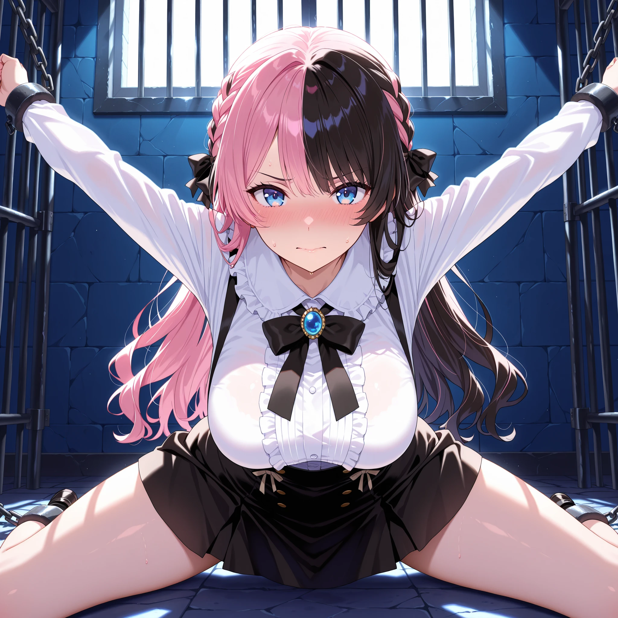 Handcuffs with chain,hanging hand,arms up,outstretched arms.open mouth,tongue out,cum on tongue,Kneeling,Straight Stand,1girl,((((12-year-old girl)))),Short,slender,small breasts ,front face,from front,front view,looking at viewer, looking down,(from above:2.0),cowboy shot,Black Hair,Short Twin Tails,Gray Eyes,Drooping eyes,slit pupils,narrow eyes.Mischievous smile,Sheer black and pink negligee,Sexy Lingerie,garter,Collar with leash,Dimly lit room,Gray wall,On the bed,Dim lighting,Beautiful and detailed anime art,submissive female,