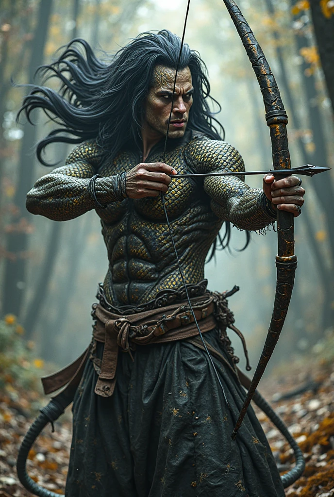 (Man) Mystical guardian of the forest wearing sensual tribal clothing and holding a giant sword made out of plants. BL anime style. 2D 3/4 view.