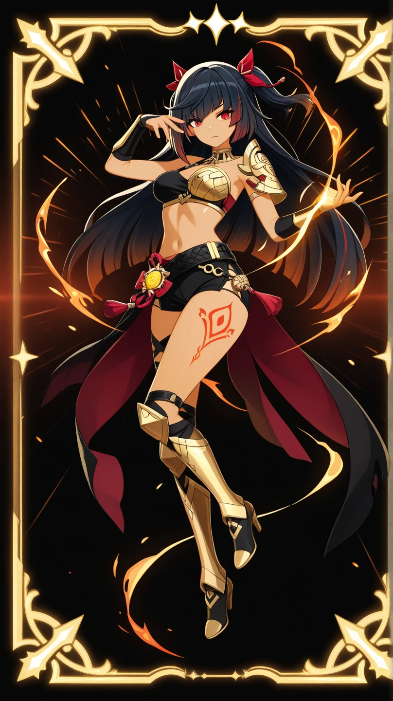 female, black long hair, red eyes, dark skin, (((1girl))), (((black and gold bra))), (black black and gold panties), (gold heeled sandals), (gold headdress), (gold jewelry), cute and sexy, full body, large breasts, large butt, long legs, smiling