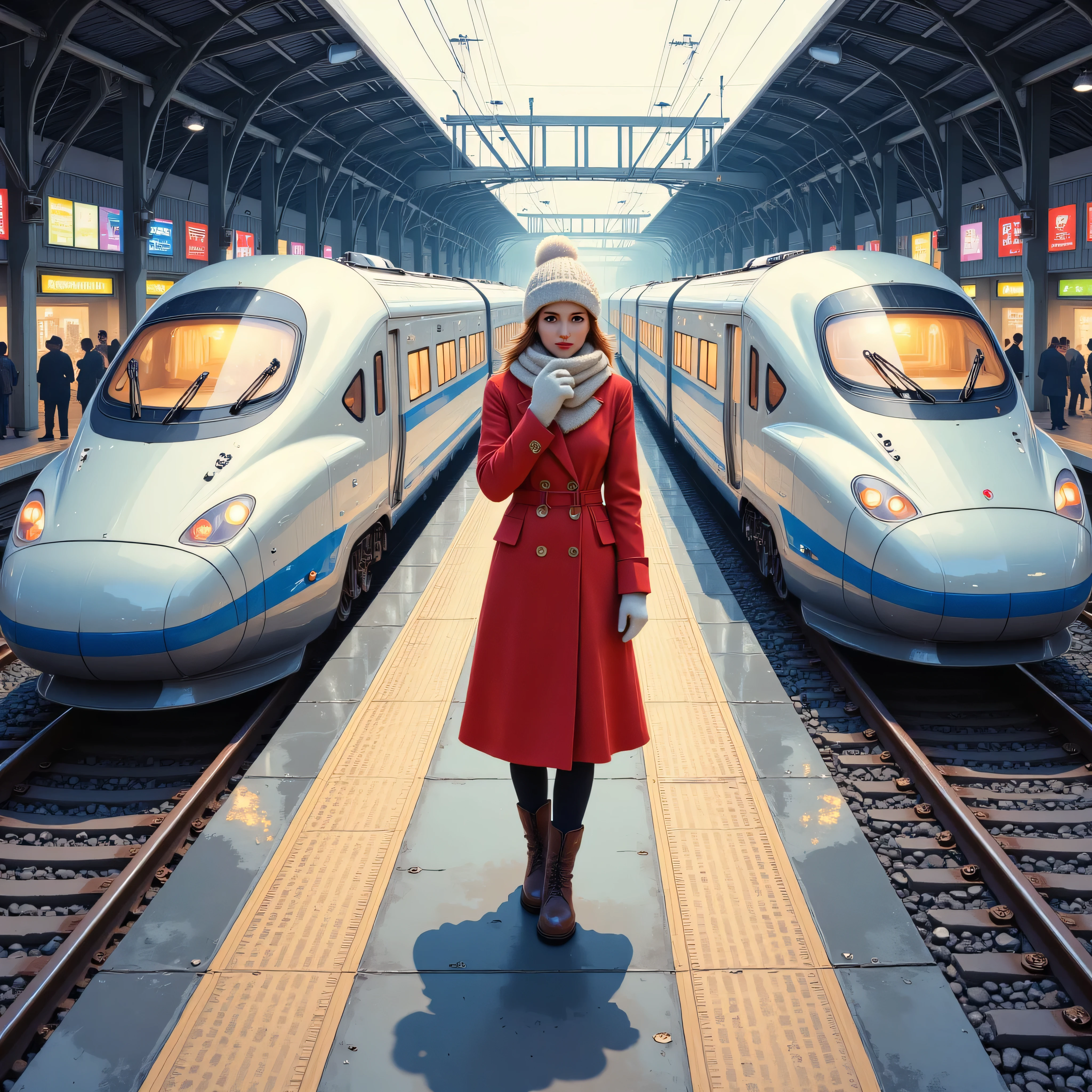 Arrival platform of a Shinkansen station, a woman waiting for her boyfriend to return home, red peacoat, mittens, white Russian hat, scarf, brown short boots, expression of expectation and anxiety