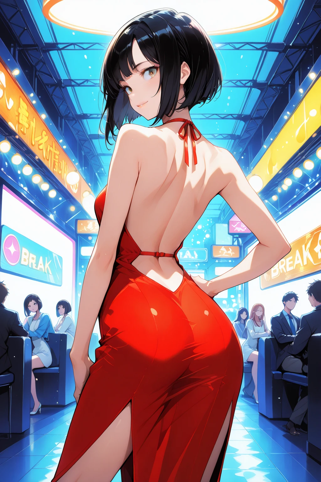 Huge ohwx, 1girl, Hyperass,,( Crackling at the junction:1.3), Get undressed, venus body, public hair, (big breastes:1.0), hight resolution, Looking Back, Original, Pants off, 独奏, Sexually mature NSFW female, Teacher, (Sexy position on the table:1.1), short black hair, sitting on top a table, red eyes, nsfw, simple background, no background, flat background