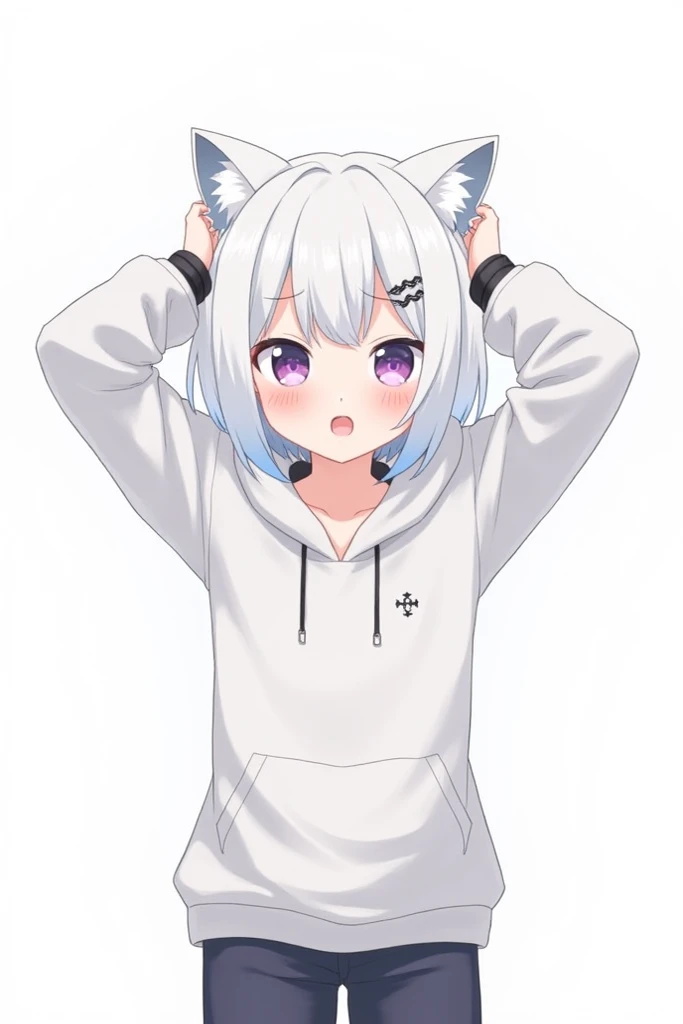 1girl, solo, full body, simple background, okayudefault, long hair, black hoodie, (onigiri print), [midriff], white pants, cat tail, ahoge