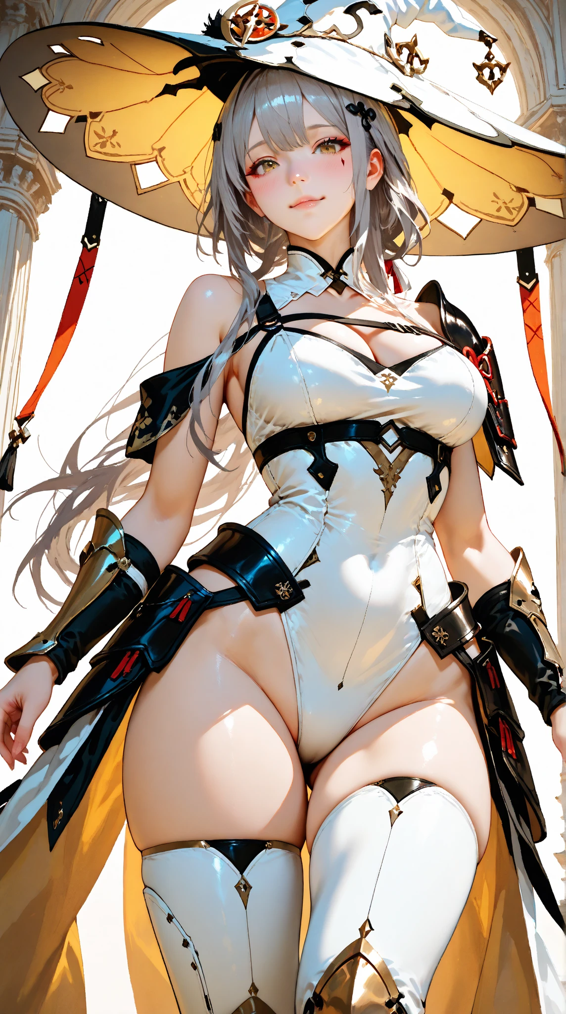 (dynamic fighting pose),(leather boots,(asymmetrical mecha armor),(long embroidered white lace dress,see through,lift up the hem of the dress)),(random hairstyle),(Thin type:1.8),(large breasts),(Highest image quality,(8K), Ultra-realistic, Best Quality, High quality, High Definition, high quality texture, high detailing, Beautiful detailed, fine detailed, extremely details CG, Detailed texture, realistic representation of face, masterpiece, presence)