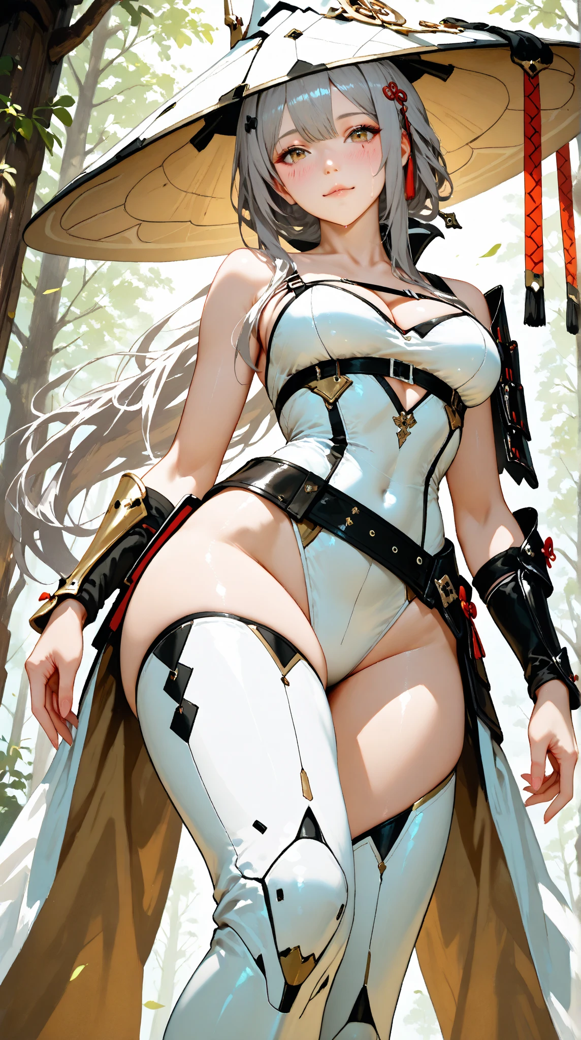 Photorealistic, high resolution, 1womanl, Solo, Hips up, view the viewer, (Detailed face), White hair, Long hair, (((ninjartist_suit, ninjartist))),upper legs, Fishing nets, Pelvic curtain