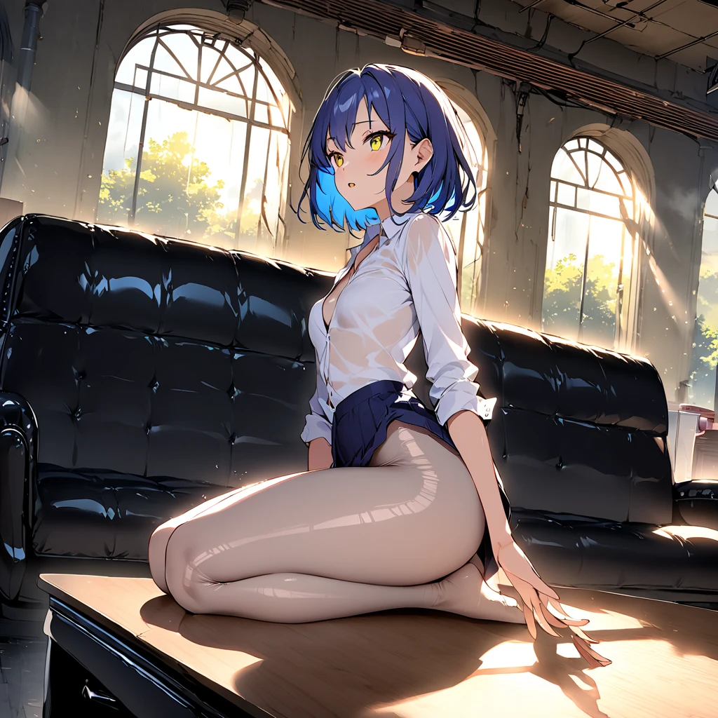 blue hair,ponytail with alot of front hair, sitting on the ground, torn clothes, green undershirt black torn shorts, kneeling down, turning into ashes, fading away, arena battle ground theme, big breasts, big hips and thighs, anime style, concealed face, shadowed face covering the eyes, no eyes, from front angel, ((hidden face)), her body turning into ashes and dust