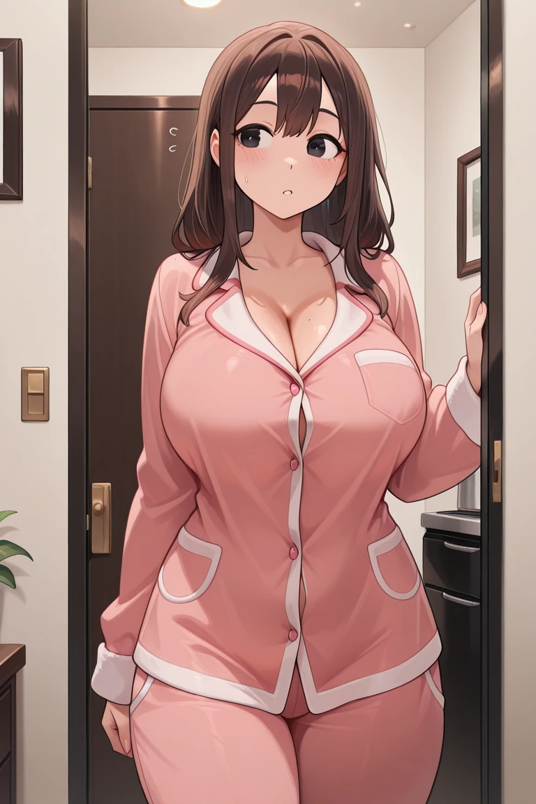 super gigantic breasts、Very large breasts、living room、Standing posture、ピンクのpajamasを着ている女の子、Huge chest、Cute face、Wink、blush、Thick lips、Sexy pose、Low - Angle、Masterpiece、Real Anime、Anime Style、Brown twin tails、pajamas、pajamas