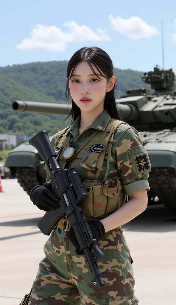 a portrait a female tank commander stand on top a her tank with her tank division ,sunset