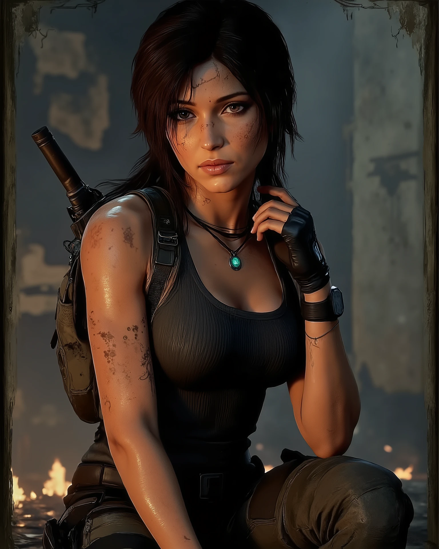 In the photo Lara Croft is in a sitting position, turned slightly to the side, a bal keze a combján nyugszik, while touching her hair or the back of her neck with her right hand, ami laza, giving her a thinking or just resting pose. Her gaze is fixed directly on the viewer, which creates a direct connection.
Her clothing reflects a classic adventure style: Top: Dark or dark gray color, sleeveless jersey, which is body-tight and leaves part of her belly exposed.
bottom: Olive green or khaki cargo style pants, with numerous pockets. Wide at the waist, Black belt, with a sturdy buckle.
Accessories: A pistol bag is fastened on her right thigh, inside with a dark-colored gun. On the left shoulder a similar, smaller bag hanging.
She wears a thin necklace around her neck, On it a distinctive, bright, cyan pendant.
On the hand, more precisely on her wrists and fingers dark, sleeveless gloves or hand guards are shown.
Haj:  long , barna haja van, which is woven into the characteristic pigtail, although some strands fall freely in her face and on her shoulders.
Arc: Face wears a fine print, eyes are sharp and expressive, which suggests the character's determination and intelligence.
Her whole appearance is prepared for survival and adventure, yet shows the image of a feminine and strong character