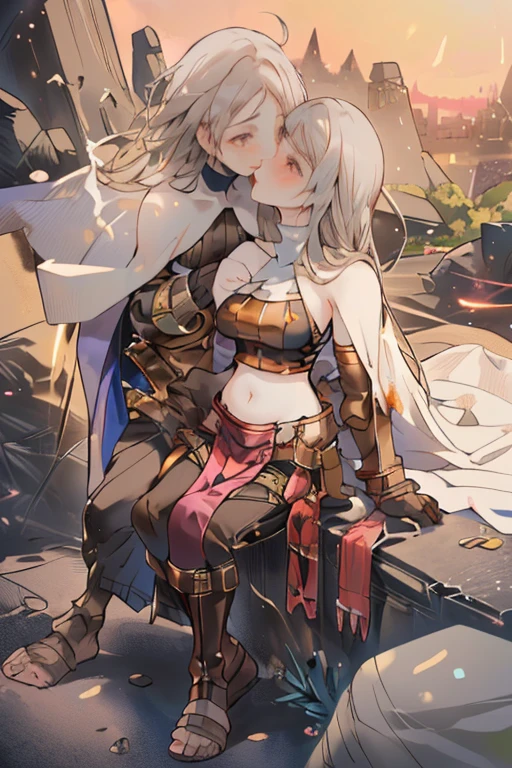 arnice, 1girl, bare_shoulders, belt, boots, breasts, gauntlets, goggles_on_head, long_hair, looking_at_viewer, simple_white_background, std, beautiful, amber colored yellow eyes, light smile, portrait chest to head, focus on face, hd, detailed face, face only, (masterpiece:1.2), (best quality:1.2)