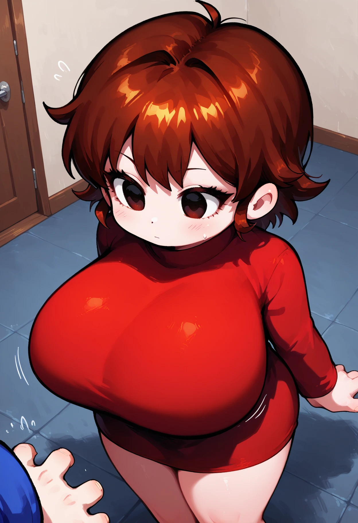 Make a girl with brown hair, short and curly, honey eyes and plump cheeks, huge breasts, thick thighs and wide butt, She is wearing a tight-fitting red dress..
