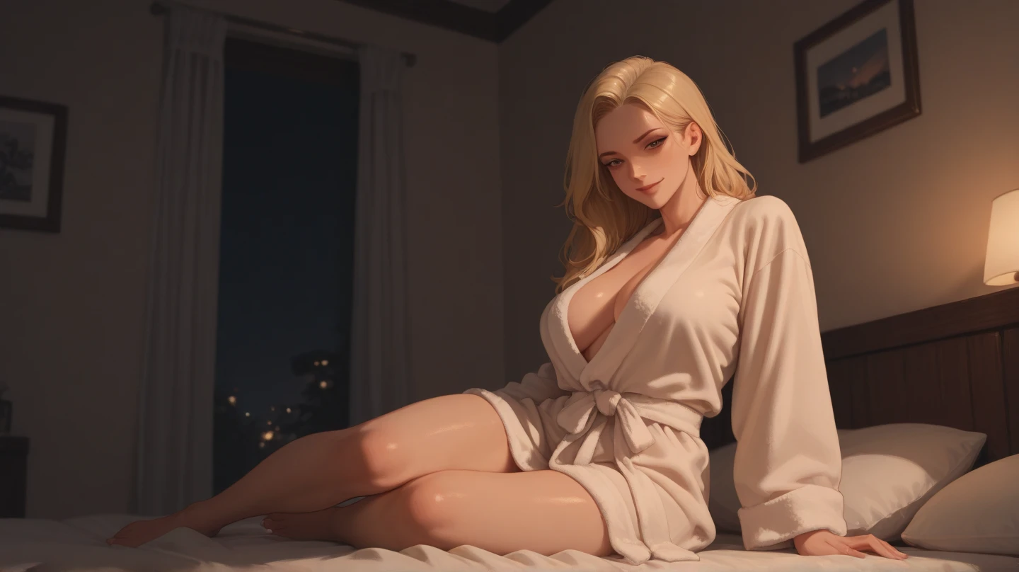 A passionate blonde woman sitting with her legs open on the bed in her room, while some colorful flashes of neon lights illuminate her, beautiful, hot and sensual, the most beautiful woman in the world, swollen, delicious vagina.