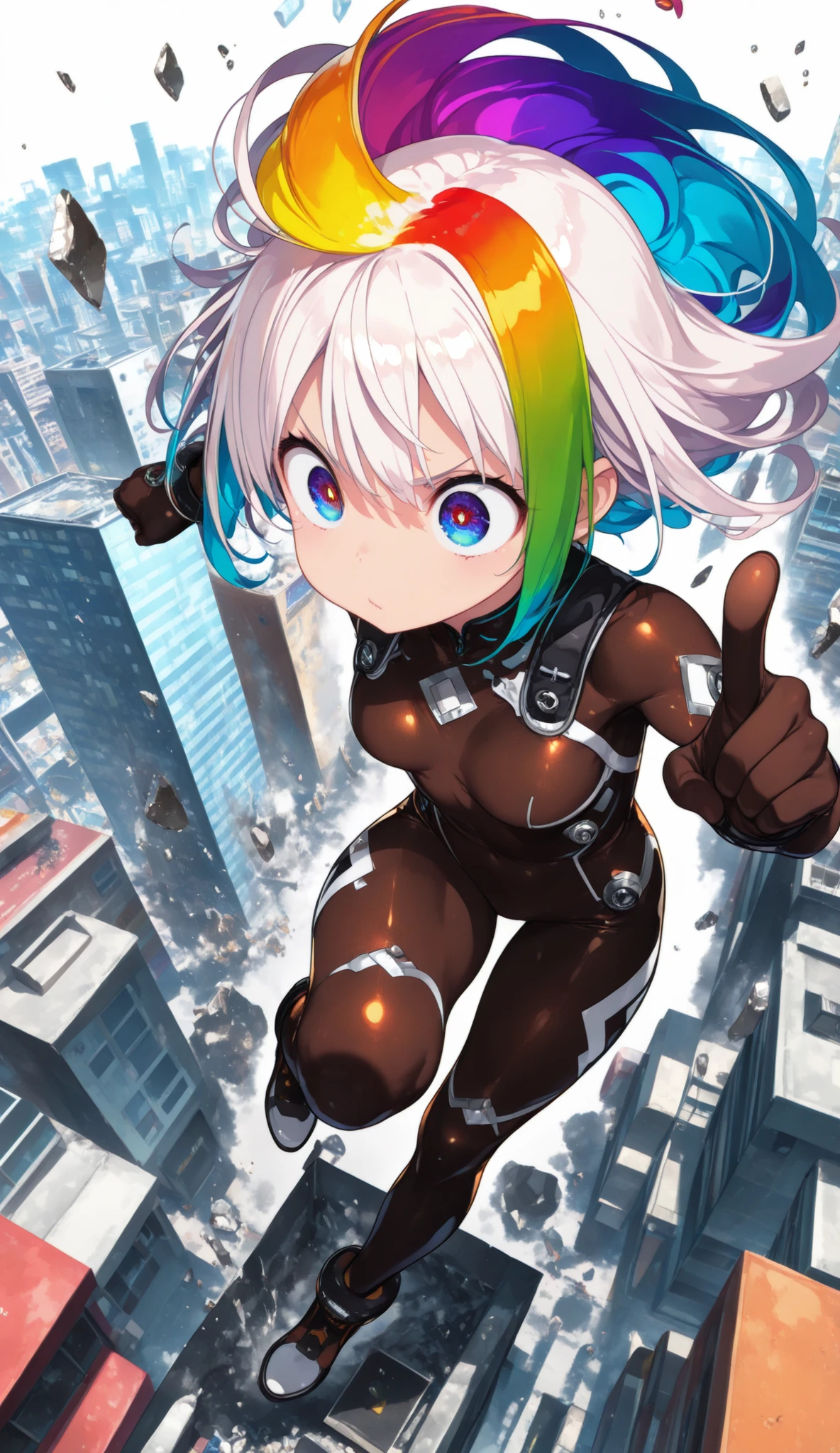 (full body:1.4,  dynamic pose:1.3, Distant view:1.3, looking straight ahead:1.2), (Rough-toned illustrations, details of face, Particle, Visual beauty), BREAK, (1girl, rainbow-COLOR HAIR:1.3, BREAK, BREAK, Make a square with your index fingers and thumbs:1.3, (Strong eyes, big eyes),  (Tight bodysuit), BREAK, BREAK, (City background:1.3, sunny), BREAK, (masterpiece, best quality), (absurd, very aesthetic, Beautiful luster)