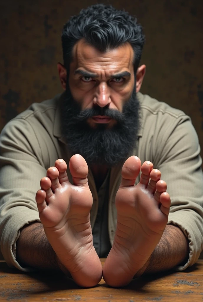 A handsome，Orc with abs tied to the sofa，Shoes taken off，Revealing two big bare feet，Both feet are locked in the foot，Feet raised，Soles facing forward，Five toes tied with rope in foot，His hands were tied tightly to one end of the sofa.，His upper body was stripped，Wearing only a pair of trousers，Being tickled by a man in a cap，His armpits were constantly tickled by feathers.，The soles of his feet were being scratched by two brushes.，The toes are also tickled by the feathers growing from the toes.。The abdomen is scratched with a brush，And he laughed，Struggling hysterically，Swinging his two feet，I want to escape from this nightmare.，But can only endure the punishment of being tickled。*（Have an expression of laughing like being tickled，Keep your feet elevated，The soles of your feet should face the screen）