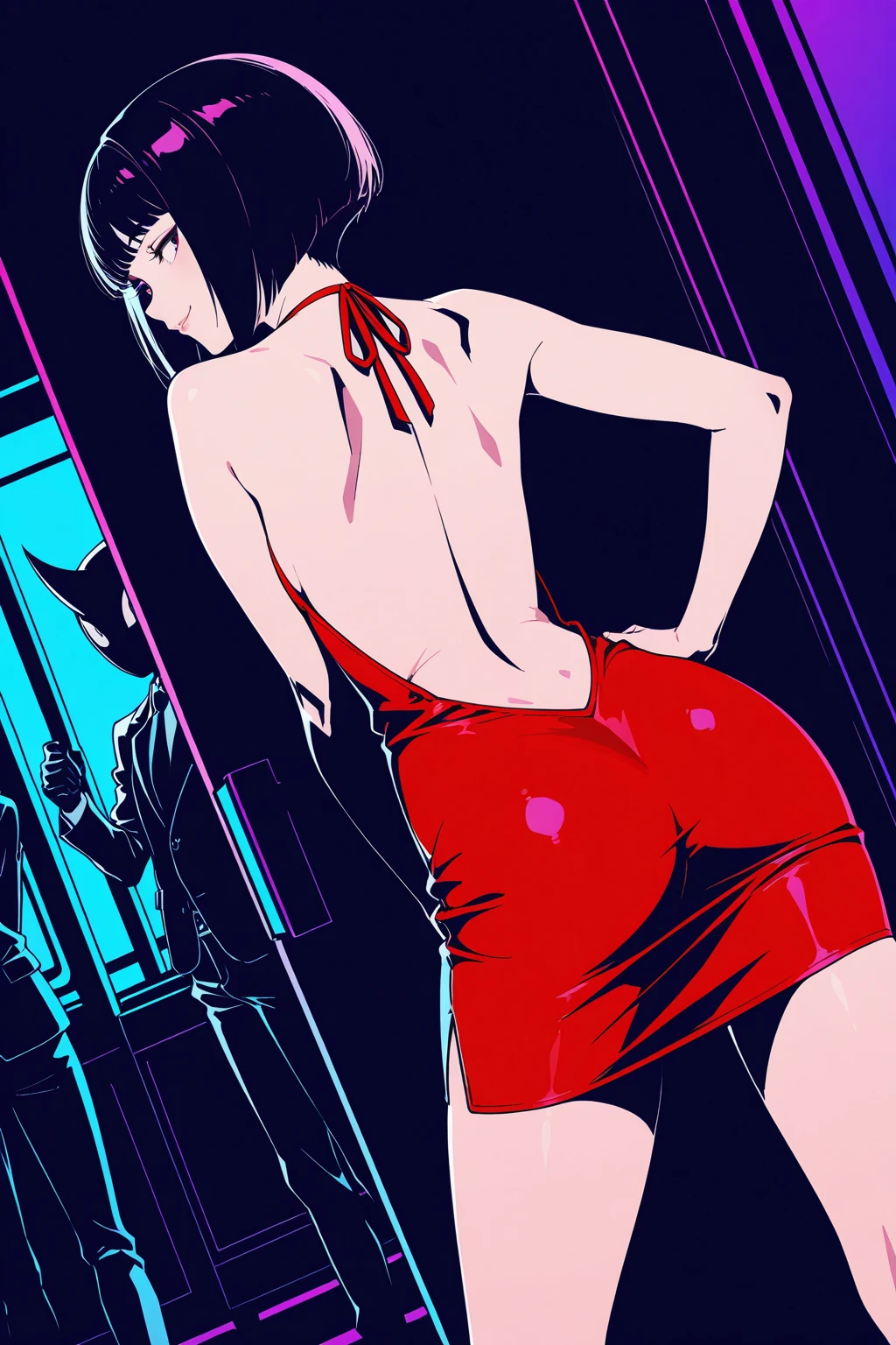 (high quality, 8k, 4K, high contrast, artwork:1.2, high quality, best aesthetics), (dynamic angle), ((1 woman)), erotic, sensual, mature body, super detailed, beautiful face detailed, beautiful eyes detailed, detailed beautiful mouth, sexy body, perfect breats, perfect wide thighs, black hair, short black hair, ponytail hair, red eyes, serious facial expression, women's black ninja kimono with red clouds printed, black fishnet pantyhose, black lipstick, kunoichi, ninja girl, forest, standing, erect posture, centralized, looking at the viewer, front view.