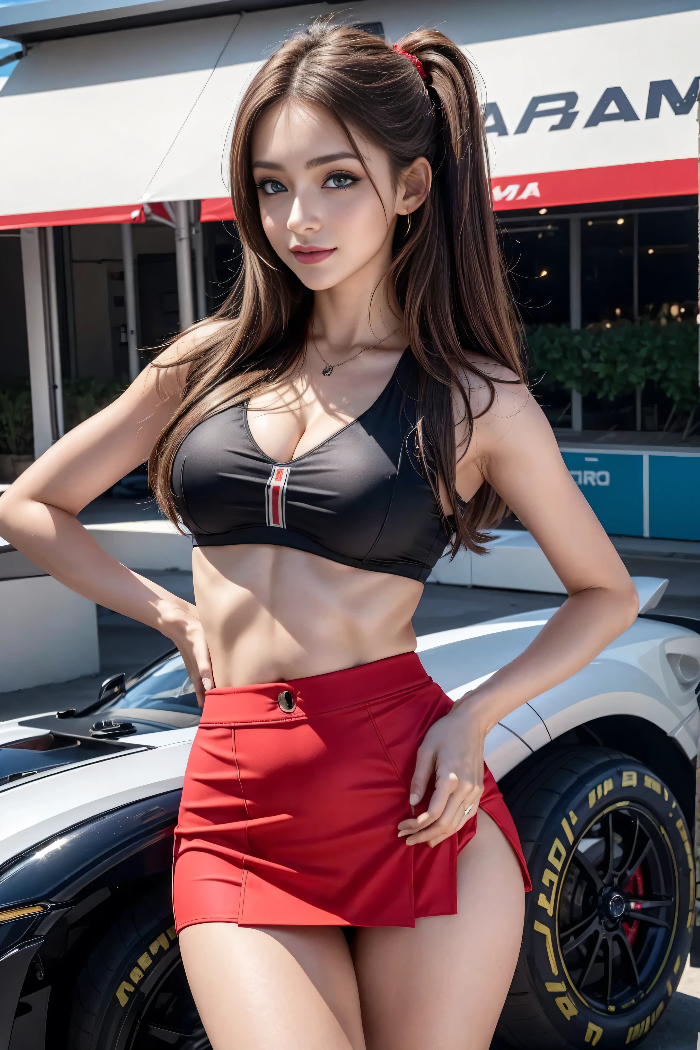 (((One shoulder mesh girls suit))),(((dynamic poses))),(((midriff peek))),(((Show lower chest ))),(((Red and white miniskirt lift))),(((Bare inner thighs))),(((Showcasing Formula One racing cars))),ulzzang-6500-v1.1, (original photo:1.2), (lifelike:1.4), A beautiful and delicate girl, Extremely detailed eyes and face, beautiful and delicate eyes, super detailed, high resolution, top quality,masterpiece, Very detailed, 8k wallpaper, wonderful, fine details, top quality, There is Light on the face,Light,1 girl in,(Rails),beautiful eyes,Smile,open mouth