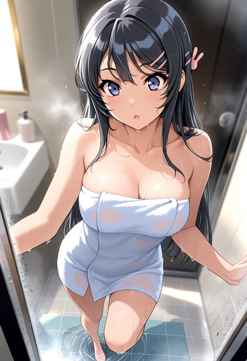 Beautiful Chitanda,There is only one beautiful girl,Purple Eyes, Black Hair, Natural straight hair, Straight bangs,Extremely refined,open your lips,Face is so red,Very white skin,Glowing skin,big eyes,Flowing long hair,beautiful girl, Like a dream,Slim,Soft, (Sensual), (Kawaii), Dream quality,Leaning against the wall,ceramic tile,Legs clamped around the water pipe,Legs around the shower head,Just finished taking a shower,Bath towel to wipe the body,Deep V neckline,The neckline is very loose,Naked,Wet,Beautiful big breasts,No pants,Delicate clavicle,Delicate hands and feet,Bare neck,Bare thighs,Exposing the groin,Camel toe,Bare legs,barefoot,extremely shy,Ultra-high resolution, (masterpiece:1.2, best quality), (Delicate and beautiful eyes: 1.2), (Beautiful and delicate face)