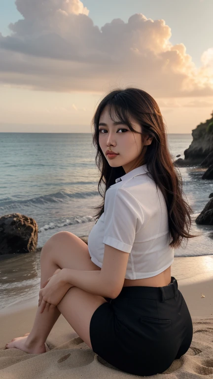 1 Girl,Beach,Soft Light,Chinese Beauty,Short sleeve,Pleated Skirt,Dark-haired,long hair