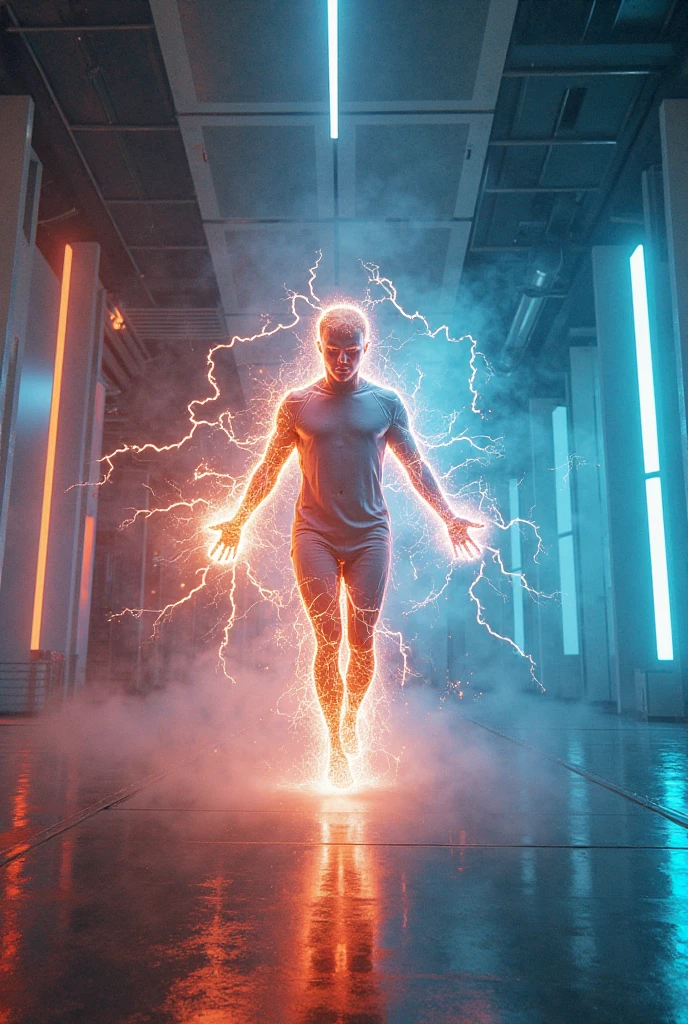  A 20 years old boy glowing eyes with cosmic power's and red and yellow thunder powers shirt less flying in modern city in black burning pants 
