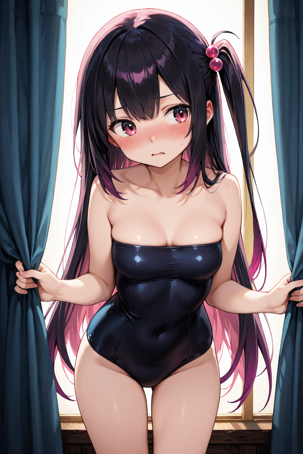 best quality, expressive eyes, perfect face, black hair, long twintails, straight bangs, pink eyes, smirking expression, pink bikini, black thigh highs, pink lips, black panties, big breasts, adult, evil, any pose, sexy pose, low angle