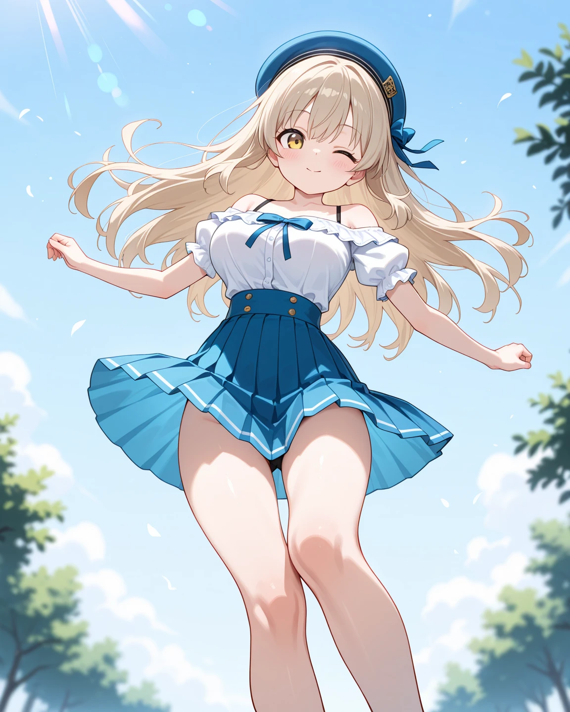 Top quality RAW photos in 32k resolution taken with Canon EOS R3, (frombelow:1.15),(masterpiece、top-quality)、Girl in blue lolita dress taking off underwear, Summer steppe, a blond, pink underpants,Bending over,A smile, Kamimei,Refreshing,put out the tongue,Beautiful anime girl showing pants, Anime girls show off their pants,Spread your crotch, thighs thighs thighs thighs!!!, Beautiful fece,white cheeks,, thighs thighs thighs thighs!!!!!!, thigh closeup, Bare thighs!!!,