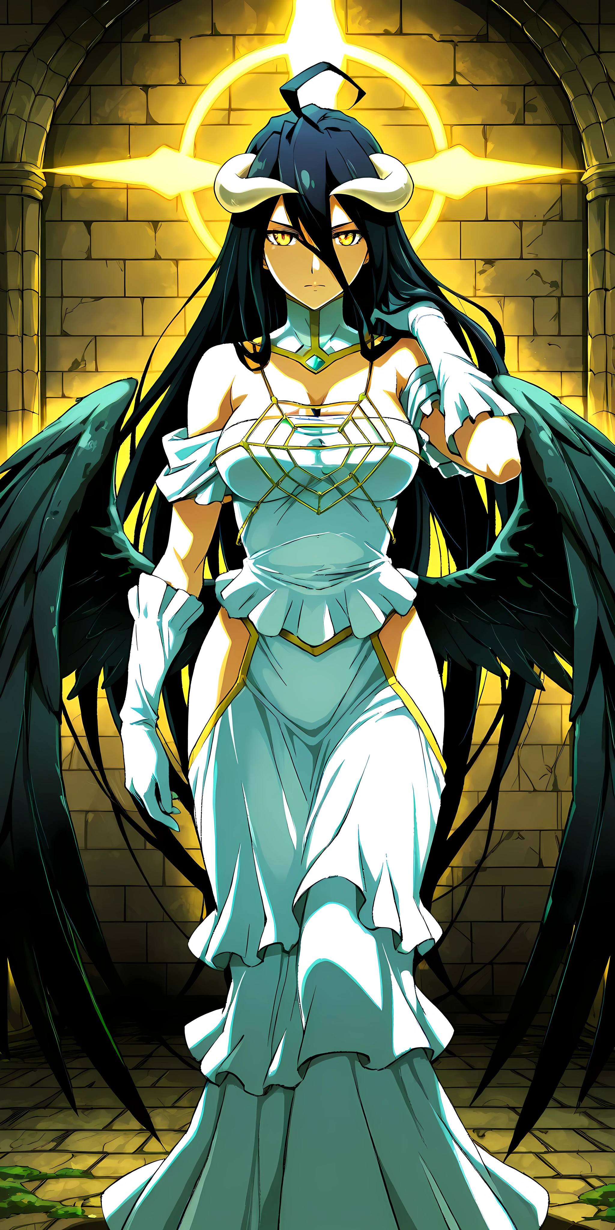 Albedo: Overlord, with straight black hair and a goddess-like face. She has golden irises with vertical pupils. On her left and right temples are two crooked horns, and on her waist are a pair of black angelic wings. Her attire is a white dress with silk gloves and a necklace that covers her chest and shoulders.
In a dark dungeon, looking over her shoulder, serious expression, wings slightly open, golden eyes glowing faintly, camera angle behind her, soft shadows, gothic anime style, highly detailed.
Ancient dungeon, dark stone walls, rusty chains, moss on the ground, dim torchlight, medieval gothic atmosphere, highly detailed background.
