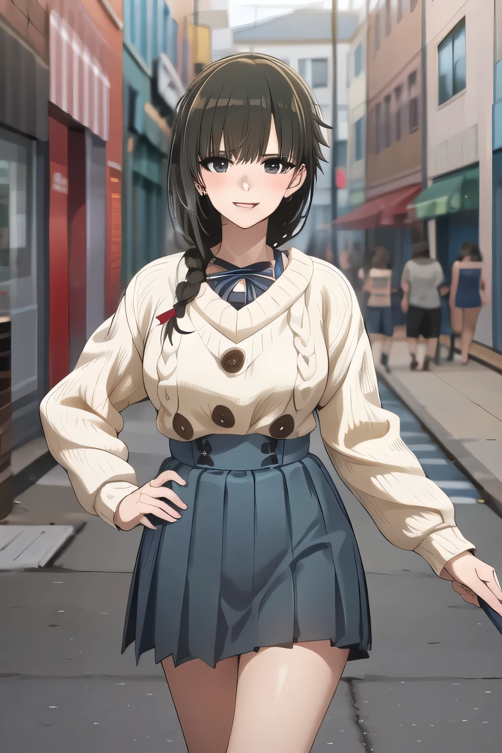 A woman with a lovely smile，，dark haired，Walking Alone，         city tour         ,，（（（, I wear casual clothes inspired by tourists））），   ,（Let's draw a more delicate look），（sleeveless wool sweater），（ Pleated Miniskirt），（One person is enough for that job） ,               ,   Big breasts, Thin Waist ， ,   ，Faces are very important，